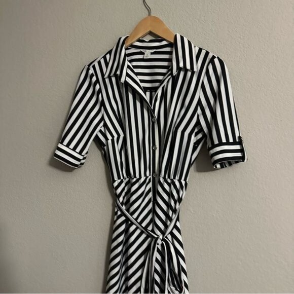 Cato White & Black Stripe Shirtdress Belted Dress Size Small - Picture 4 of 10